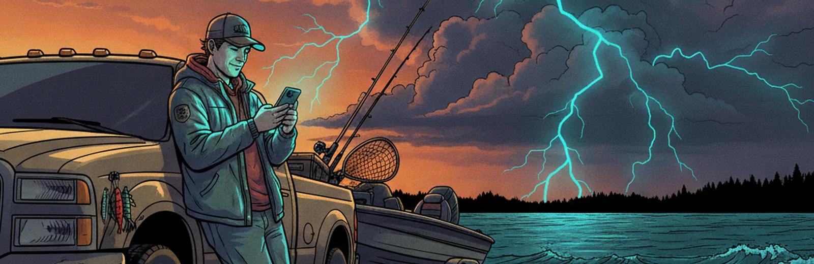 Storm over a lake at dusk from a bass boat